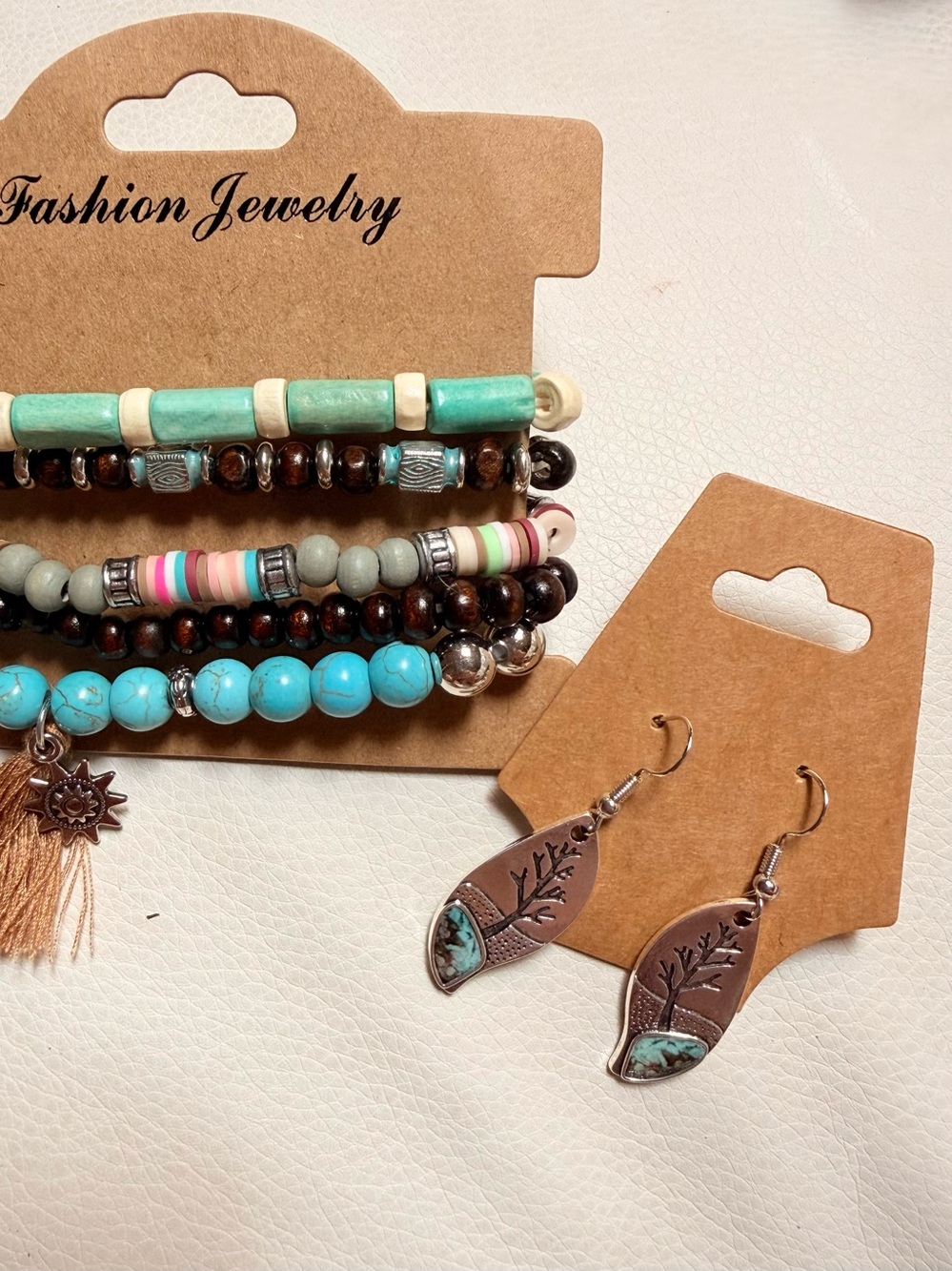 Fashion Jewelry Turquoise Beaded Bracelet Stack & Leaf Drop Earrings Set